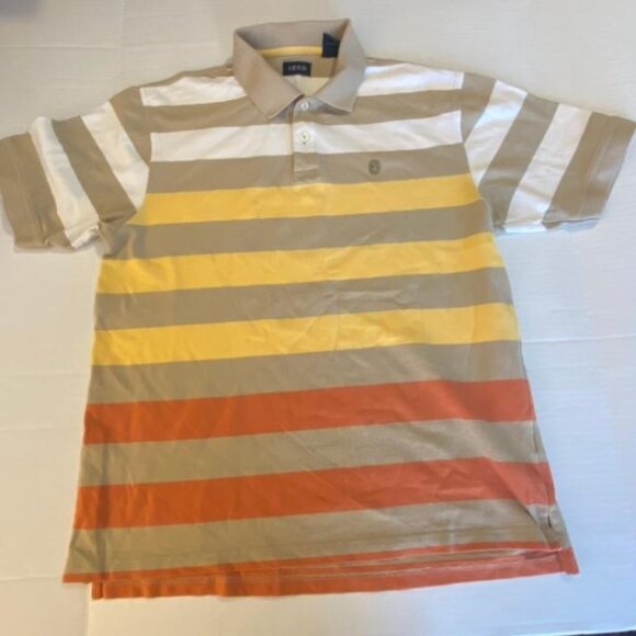 Izod Casual Beige Yellow Melon White Striped Mens Large Polo Shirt 100% Cotton - Picture 1 of 5